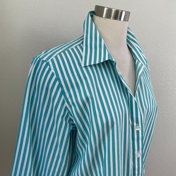 Foxcroft Womens XL Wrinkle Free Turquoise White Striped Button Up Shirt Blouse - Picture 2 of 10